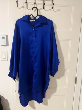 Lucy Royal Blue Satin Button-Front Tunic Dress